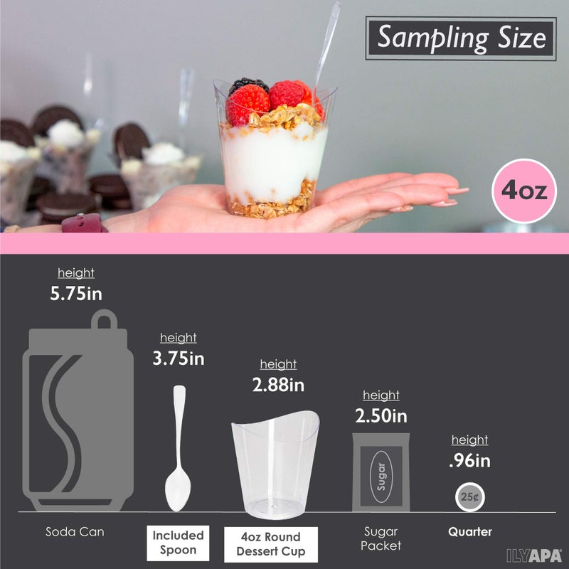 Ilyapa 4oz Plastic Dessert Cups - 100 Pack Mini Dessert Cups with Spoons - Clear Reusable Small Appetizer Cup for Cheesecake Shooters, Chocolate Mousse, Parfait - Party and Catering Supplies - Round - Image 5